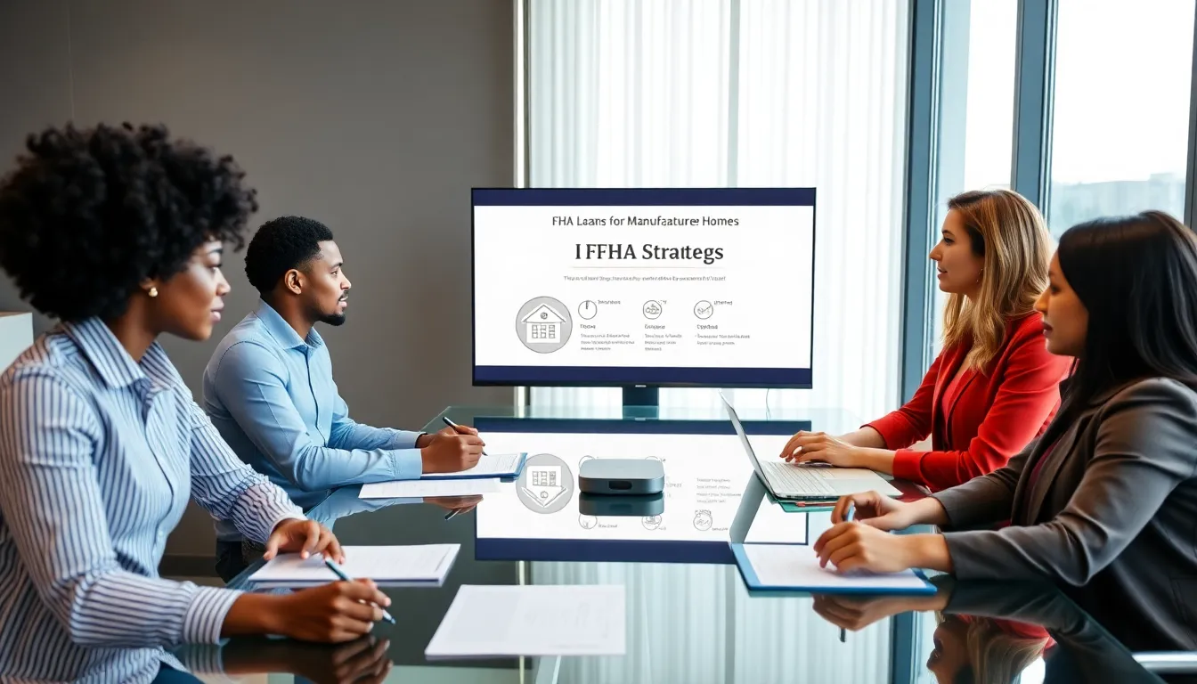 diverse professionals discussing FHA loans in a modern office.