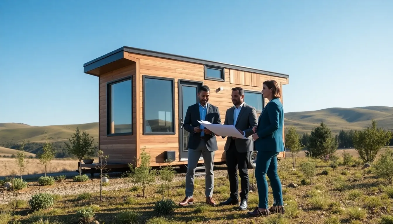 modern tiny home with a diverse group discussing sustainable living.
