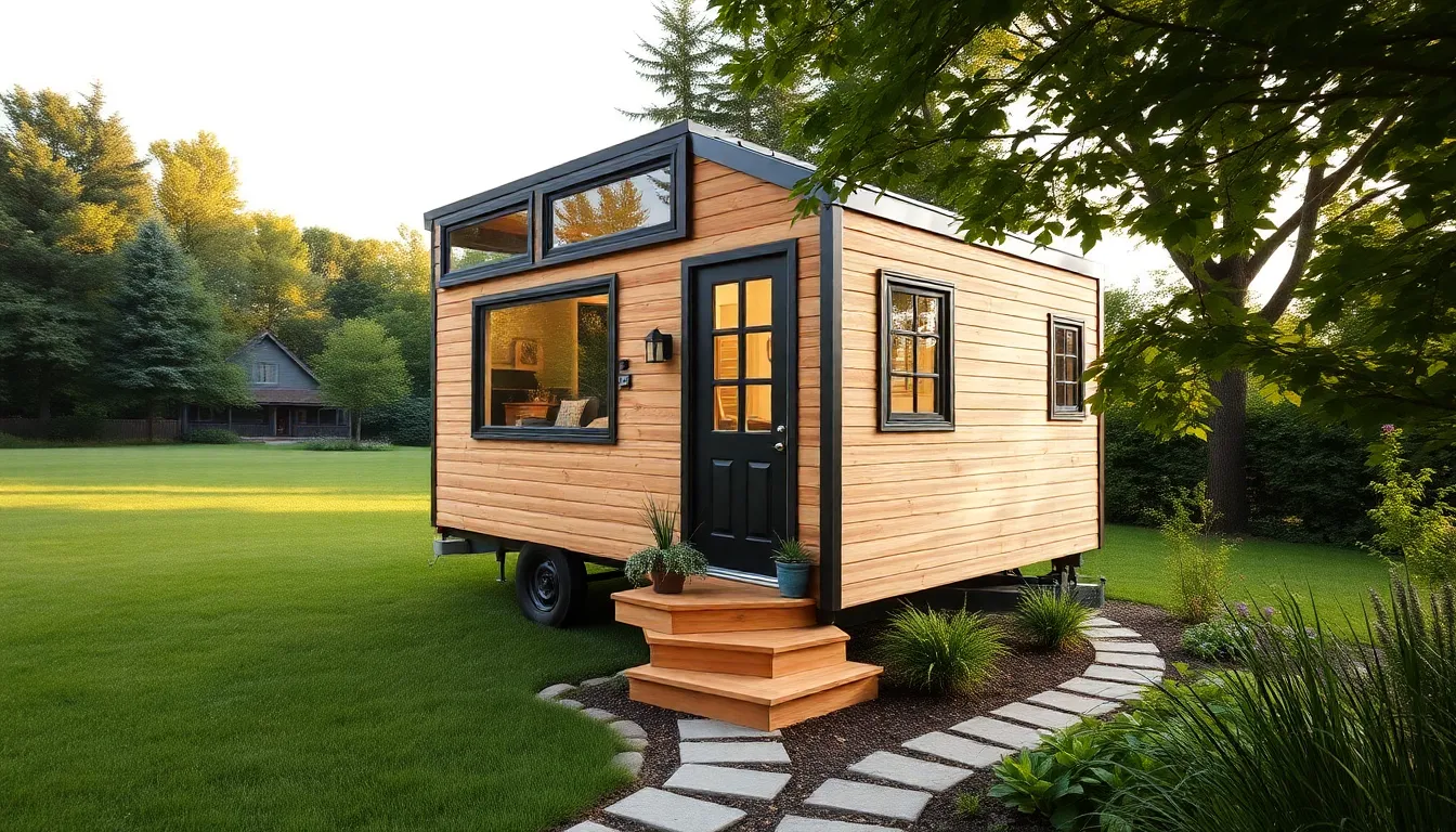 A modern tiny home surrounded by greenery in a serene outdoor setting.