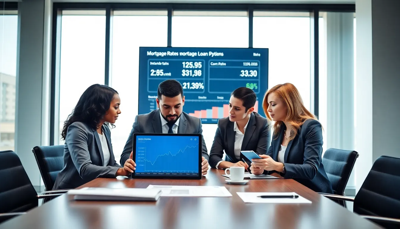 diverse team discussing mortgage rates in a modern office setting.