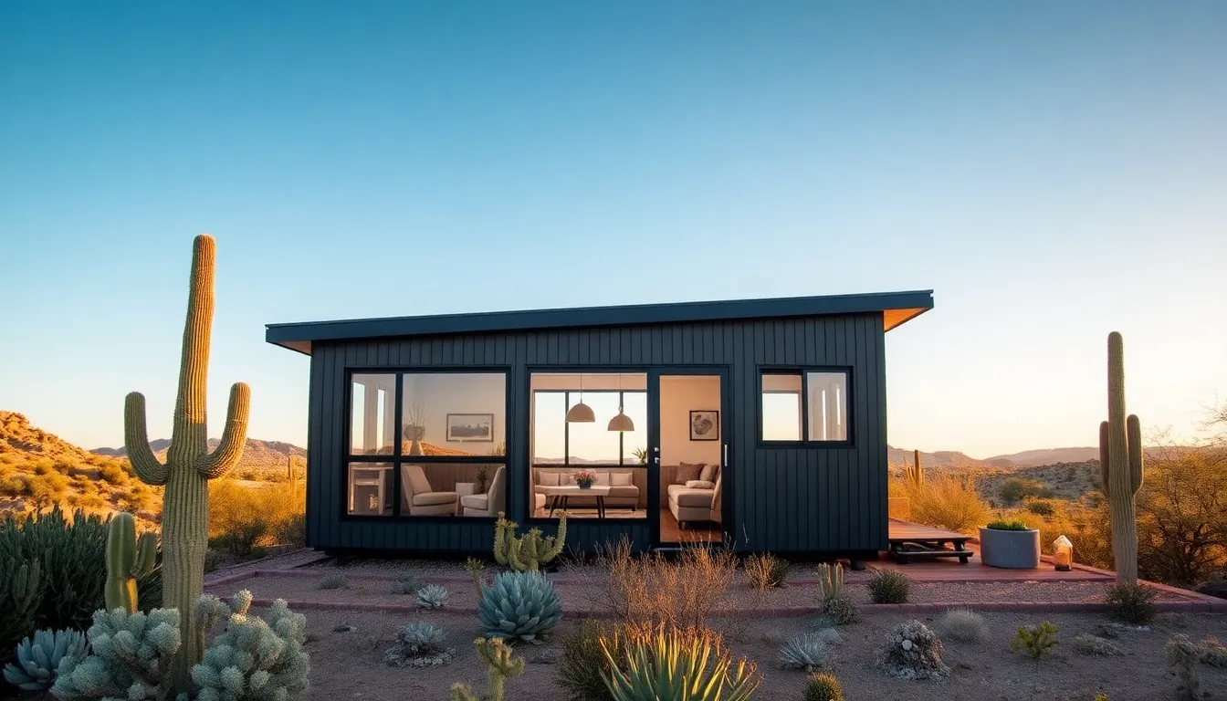 modern tiny home in Tucson with desert landscaping.