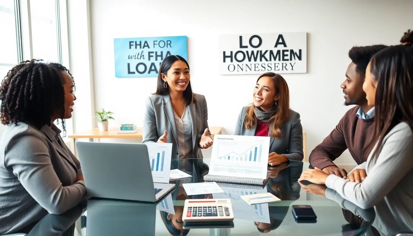 diverse group discussing FHA loans in a modern office setting.