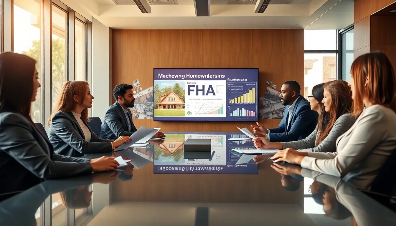 diverse team discussing FHA loans in a modern office.