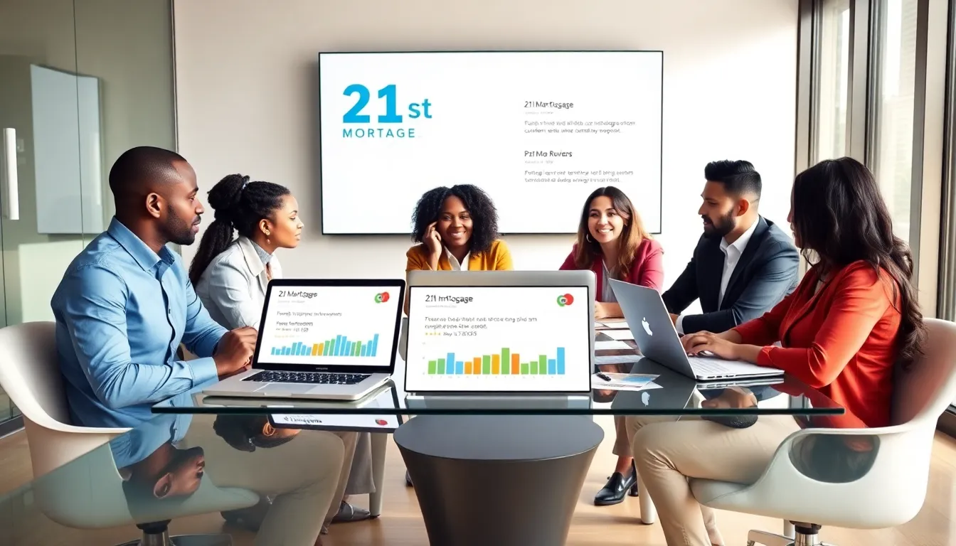 diverse mortgage team discussing customer reviews in a modern office.