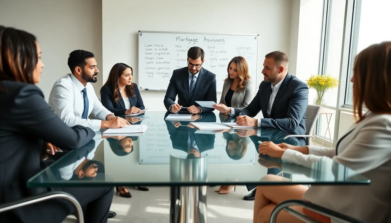 diverse mortgage advisors in a modern conference room discussing loan options.