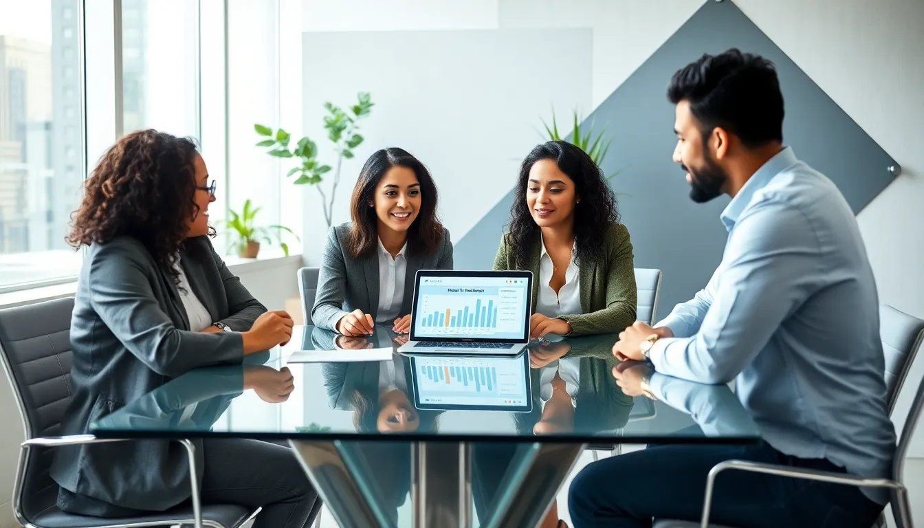 diverse team discussing an offset mortgage calculator in a modern office.
