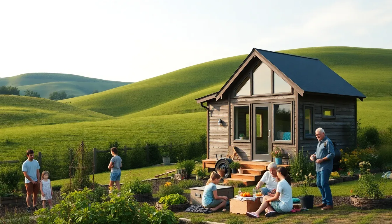 tiny home in Pennsylvania with diverse people enjoying outdoor activities.
