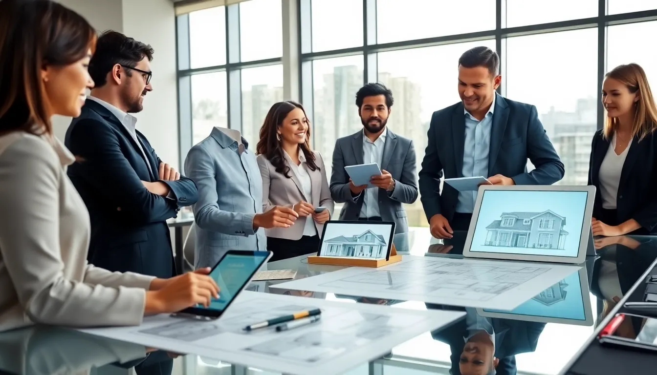 professionals discussing self build mortgage options in a modern office.